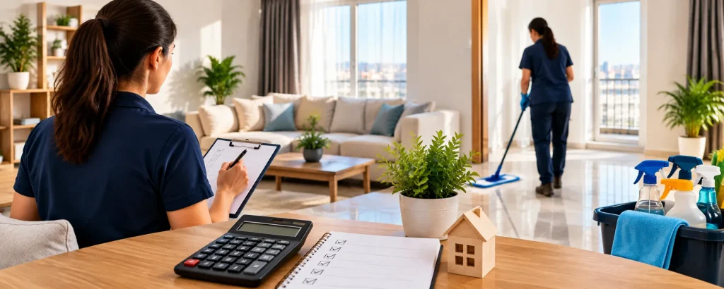 Ev temizliği fiyat teklifi için kontrol listesi hazırlayan profesyonel temizlik ekibi